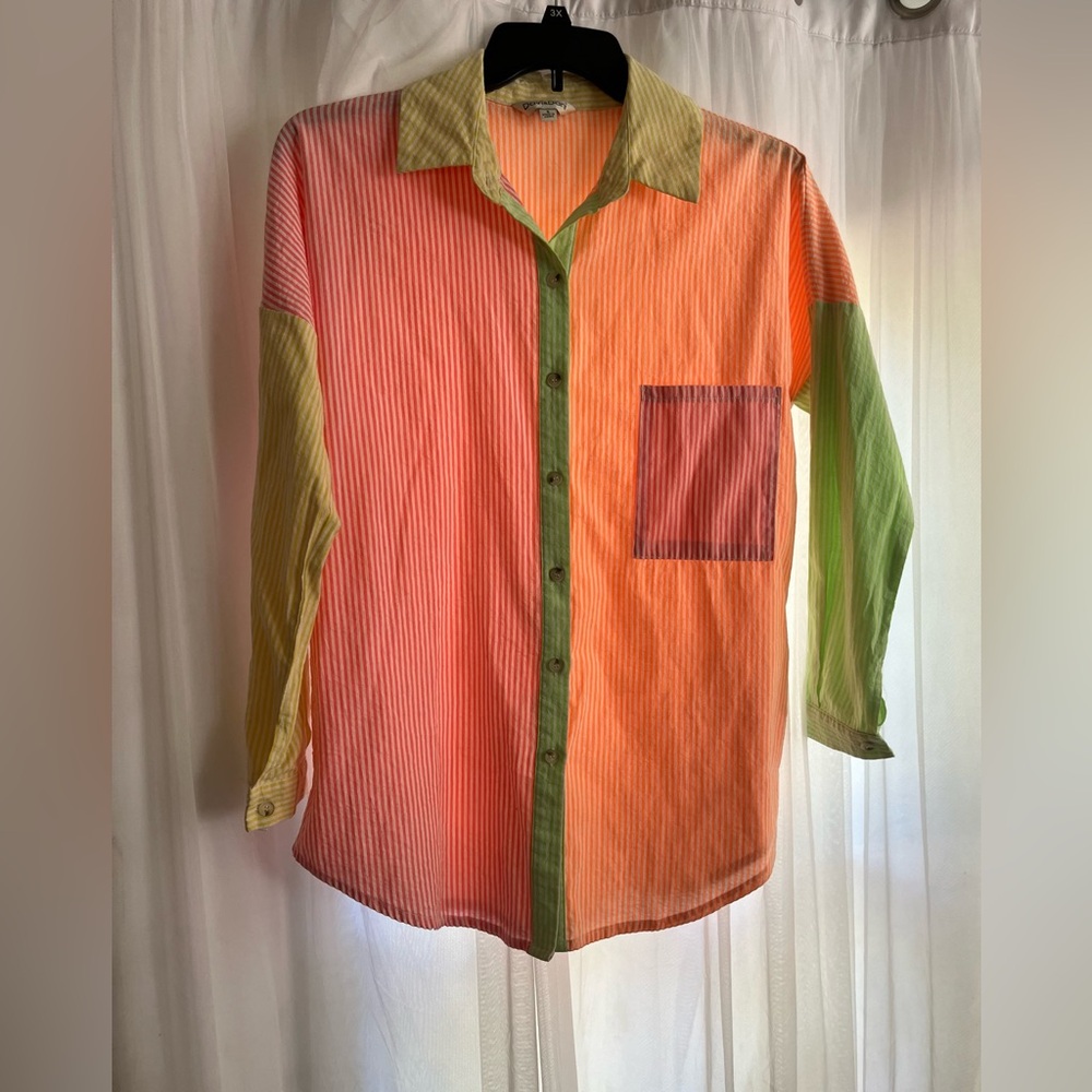 DAVI & DANI Multicolor Stripe Size S/M Women Block Shirt Long Sleeve Orange Pink